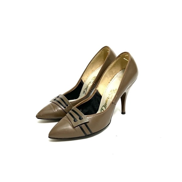 Vintage 1950s brown leather pointed toe black stripe slip on pumps - Picture 6 of 8